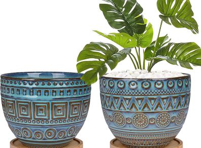 14CM Retro Geometry Planter Ceramic Flower Pot Succulent Plant Pot Indoor and Outdoor Set of 2 Bronze