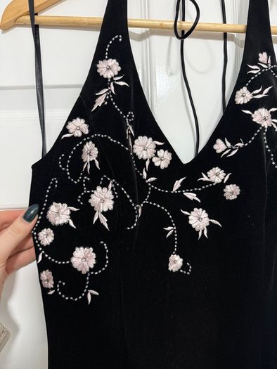 Stunning Black Velvet Maxi Dress - Pink Floral Embroidery UK8/10