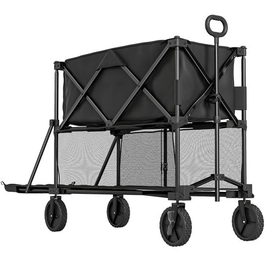 Double Decker Folding Festival Trolley on Wheels, 200KG & 350L Capacity Collapsible Wagon Festival Trolley Cart with 134cm Extended for Camping Sports Shopping Garden and Beach, Black