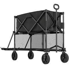 Double Decker Folding Festival Trolley on Wheels, 200KG & 350L Capacity Collapsible Wagon Festival Trolley Cart with 134cm Extended for Camping Sports Shopping Garden and Beach, Black