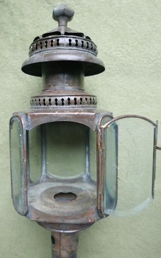 Vintage Pair of Brass Carriage Lamps, by Lime House Lamp Company, pierced canopies, bevelled etched glass chambers, 22" long