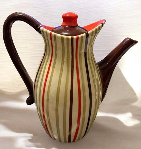 Vintage Striped Ceramic Coffee Pot Mid Century Style