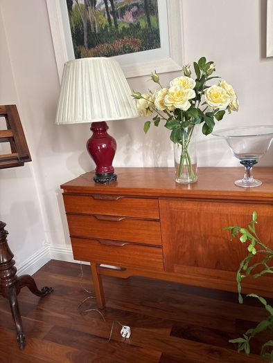 Please Check Photos- Mid Century Oxblood glazed Ginger Jar Table Lamps (2)  with off white pleated empire shade