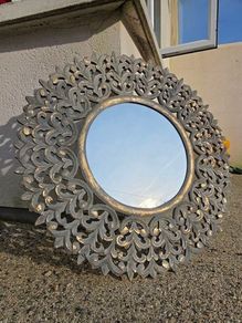 Carolyn Donnelly Exclusive Large Grey Carved Wood Round Mirror With Gold Leaf 92cm diameter