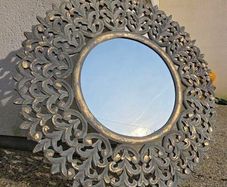 Carolyn Donnelly Exclusive Large Grey Carved Wood Round Mirror With Gold Leaf 92cm diameter