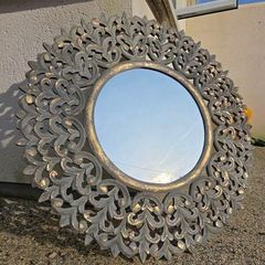 Carolyn Donnelly Exclusive Large Grey Carved Wood Round Mirror With Gold Leaf 92cm diameter