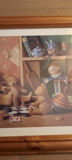 Vintage Raymond Campbell Teddy Bear Picture/ Solid Pine Frame, AV