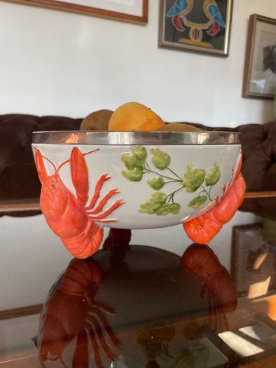 Antique WMF Lobster and Seaweed Silver Plated Trim Porcelain Round Serving Bowl 1920s
