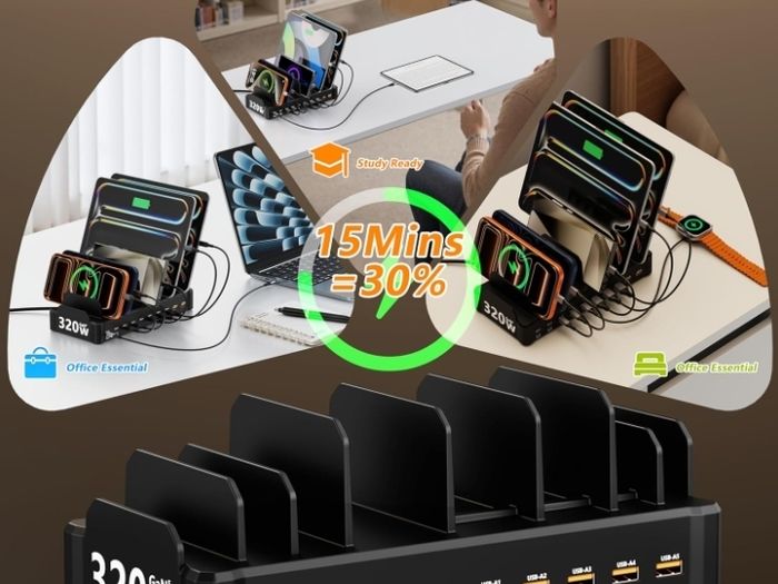 320W GaN Charging Station for Multiple Devices, 10 Cables, Black  10-Port USB-C Charger with Dual 65W PD Laptop Charging, 5 USB-C & 5 USB-A, Desk Organizer for MacBook, iPhone, iPad & Tablets