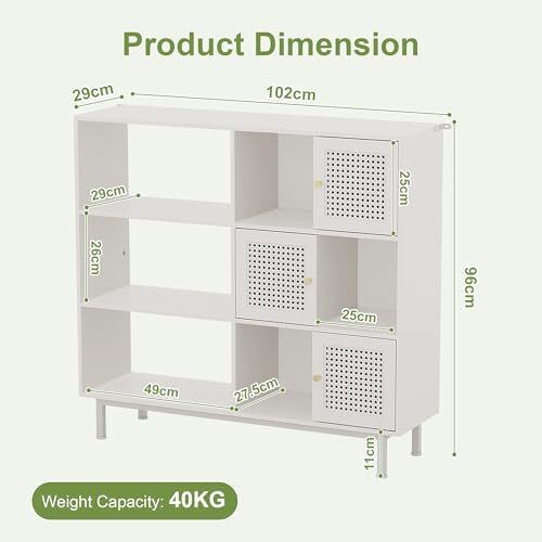 Rattan Bookcase, Storage Sideboard Cabinet with Metal Legs, Wooden Bookshelf with 3 Door, 6 Open Compartments, Freestanding Display Rack for Living Room, Study,102x29x96cm(White)