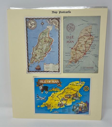 24 Beautifully written up Isle of Man display pages with lots of postcards and stamps. Maps, IOM TT and Manx cat noted