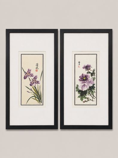 pair of east asian paintings of flowers