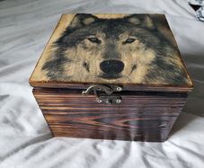 Wooden handmade jewelry box with wolf in retro style