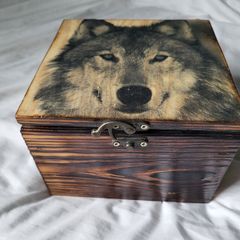 Wooden handmade jewelry box with wolf in retro style