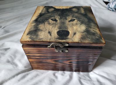 Wooden handmade jewelry box with wolf in retro style