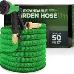 Expandable Garden Hose with 8 Function Hose Nozzle, Lightweight Anti-Kink Flexible Garden Hoses, Extra Strength Fabric with Double Latex Core (50 FT, Green)