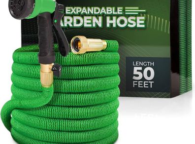 Expandable Garden Hose with 8 Function Hose Nozzle, Lightweight Anti-Kink Flexible Garden Hoses, Extra Strength Fabric with Double Latex Core (50 FT, Green)