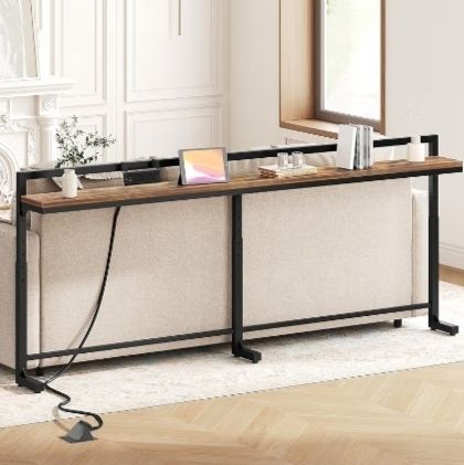 200 cm Slim Console Table with Adjustable Height (70 cm-90 cm), Behind Sofa Table Skinny with Outlet, Long Entryway Table, Couch Table Behind Sofa for Living Room, Rustic Brown