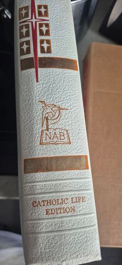 is a vintage Catholic edition of The Holy Bible featuring a padded white textured cover with red and gold or blind-embossed lettering, commonly published by Good Counsel Publishers or J.G. Ferguson during the 1960s and 1970s