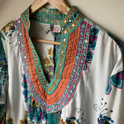 ANU by Natural Boho Tunic Dress Multicolor Paisley Floral Print with Mirror Work & Embroidery Large