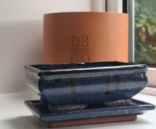 Blue Glazed Ceramic Bonsai Pot with Saucer 14cm  Rectangular Planter