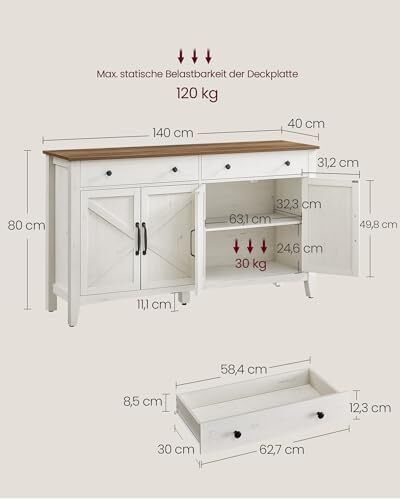 Kitchen Cabinet, Sideboard with Drawers, Storage Cabinet with Doors, Adjustable Shelf, Country House Style, for Living Room, Kitchen, Dining Room, 40 x 140 x 80 cm, Vintage White/Honey Brown