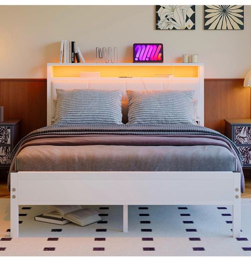 4FT6 Double Bed Frame with LED Lights and Charging Station, Heavy Duty Metal Platform Upholstered Bed frame with Storage Fabric Headboard,Metal Slats Support,Mattress Foundation (White)