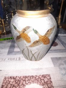 Beautiful Old Heavy Brass Cloisonne Vase Enameled Two Flying Ducks with Aquatic Plants, these are often dating from around 1900, Postage Available