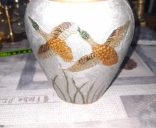 Beautiful Old Heavy Brass Cloisonne Vase Enameled Two Flying Ducks with Aquatic Plants, these are often dating from around 1900, Postage Available