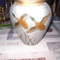Beautiful Old Heavy Brass Cloisonne Vase Enameled Two Flying Ducks with Aquatic Plants, these are often dating from around 1900, Postage Available
