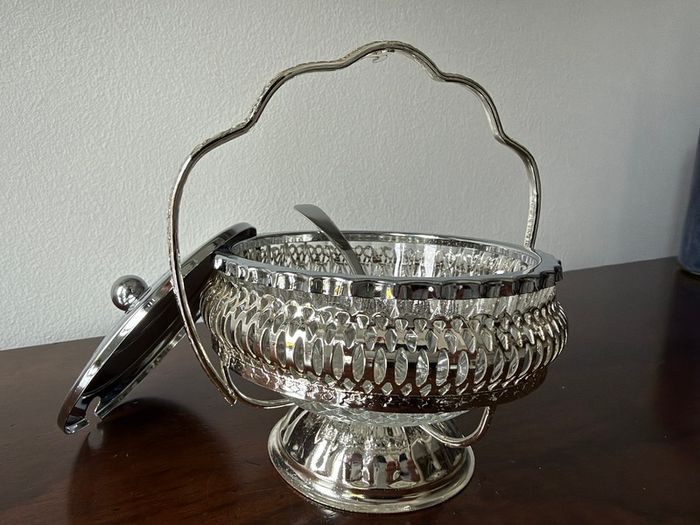 Vintage Glass Preserve / Jam Bowl with Metal Basket, Lid & Spoon