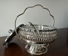 Vintage Glass Preserve / Jam Bowl with Metal Basket, Lid & Spoon