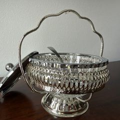 Vintage Glass Preserve / Jam Bowl with Metal Basket, Lid & Spoon