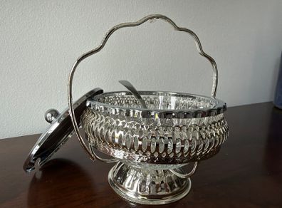 Vintage Glass Preserve / Jam Bowl with Metal Basket, Lid & Spoon