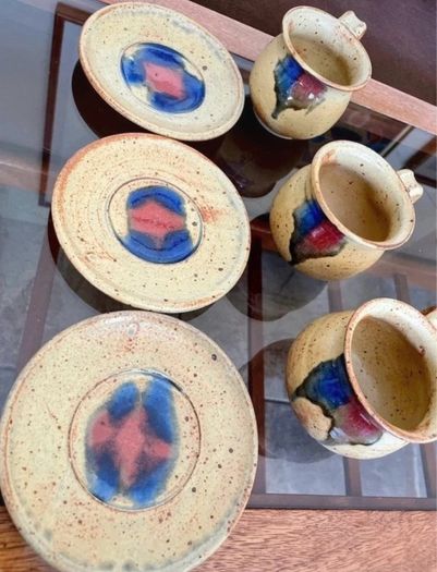 Vintage Stoneware 3 Coffee Cups & Saucers made by Badger Hill Pottery