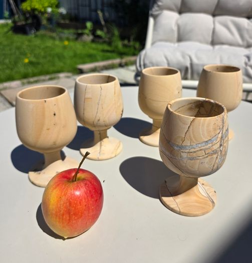 Vintage Teakwood Sandstone Goblets Set of 5 Hand-Carved Stone Wine Cups