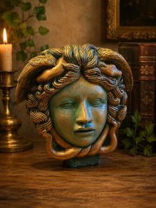 handcrafted Medusa bust outdoors