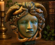 handcrafted Medusa bust outdoors