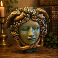 handcrafted Medusa bust outdoors