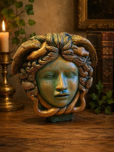 handcrafted Medusa bust outdoors