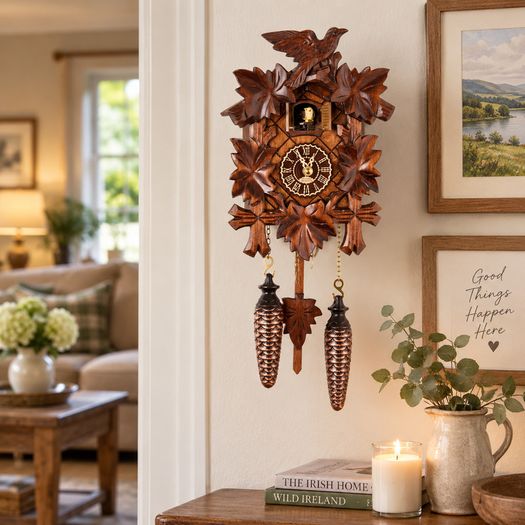 Traditional Carved Cuckoo Clock with Music  Quartz Movement, 12 Melodies & Light Sensor