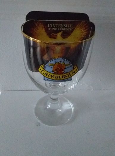 Grimbergen Half Litre , Gold Rimmed Goblet Style , Beer Glass and 2 Beer Mats