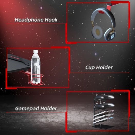 Gaming Computer Table, 122cm Width w/Cup Holder, Headphone Hook, Gamepad Holder, Cable Management Red Black