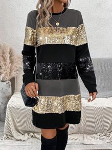 Striped Sequin Long-Sleeve Dress SHEIN Size S / EU 36