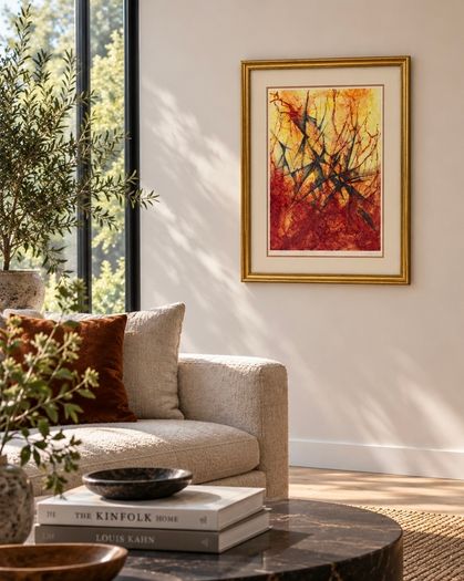 Large 2001 Crimson Abstract Expressionist Painting - Signed C.A. Clayton (Ballymena Frame)