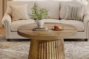 Round Coffee Table, 80 cm with Ribbed Drum Base &amp; Wood Look