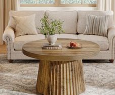 Round Coffee Table, 80 cm with Ribbed Drum Base & Wood Look