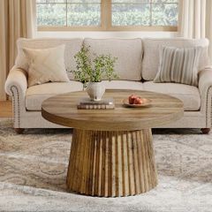 Round Coffee Table, 80 cm with Ribbed Drum Base & Wood Look