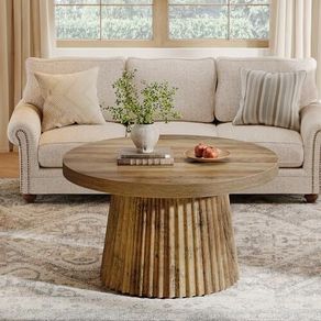 Round Coffee Table, 80 cm with Ribbed Drum Base & Wood Look