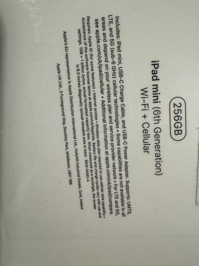 iPad mini,256GB (6th Generation) WiFi+Cellular (IRISH STOCK)Brand New Sealed 1 Year Apple Warranty (Space Grey)